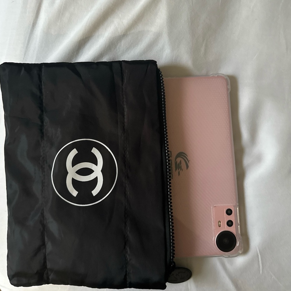 Quilted Black Cosmetic Pouch with White Emblem